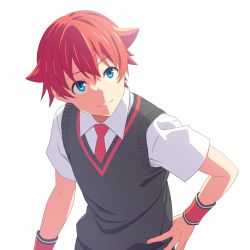 Rule 34 | 10s, 1boy, bettle (b s a n), blue eyes, gridman universe, hand on own hip, hibiki yuuta, highres, looking at viewer, male focus, necktie, red hair, red necktie, shirt, short sleeves, simple background, solo, ssss.gridman, sweater vest, upper body, white background, white shirt, wristband