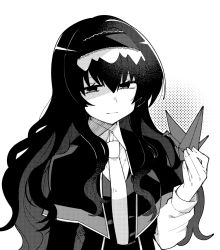 Rule 34 | 1girl, capelet, code geass, code geass: lost stories, collared shirt, greyscale, hairband, higaragi, highres, holding, jacket, long hair, looking down, maya disel, monochrome, necktie, origami, paper crane, shirt, solo, upper body, white background