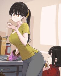 Rule 34 | 2girls, :t, big sister (navigavi), black hair, blush, breasts, cleavage, closed mouth, collarbone, commentary, cookie, cowboy shot, eating, food, grey pants, hair ribbon, highres, holding, holding cookie, holding food, indoors, jam, jar, jun (navigavi), kitchen, little sister (navigavi), long hair, looking up, medium breasts, multiple girls, orange eyes, orange ribbon, original, oven mitts, pants, ponytail, red sweater, ribbed sweater, ribbon, shirt, short hair, short sleeves, siblings, sisters, sparkling eyes, standing, sweater, tight clothes, tight pants, tray, turtleneck, turtleneck sweater, yellow shirt