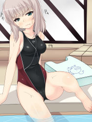Rule 34 | 10s, 1girl, anglerfish, bad id, bad pixiv id, bare shoulders, black one-piece swimsuit, breasts, competition swimsuit, cross, fish, frown, girls und panzer, green eyes, grey hair, head tilt, highres, indoors, iron cross, itsumi erika, kickboard, leaning to the side, navel, nksk, one-piece swimsuit, rei no pool, short hair, sideboob, sitting, swimsuit, v-shaped eyebrows, wading, wet