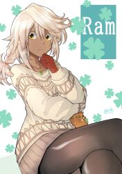 Rule 34 | 1girl, bandaged arm, bandages, black pantyhose, braid, character name, clover, dark-skinned female, dark skin, four-leaf clover, gem, guilty gear, guilty gear strive, highres, jewelry, long hair, long sleeves, looking at viewer, mariebell, necklace, official alternate costume, orange eyes, pantyhose, ramlethal valentine, red bandage, single braid, sitting, sweater, yellow eyes, yellow sweater