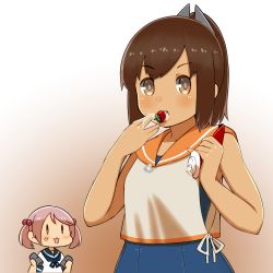 Rule 34 | 10s, 2girls, anger vein, brown hair, capriccyo, cream, food, fruit, highres, i-401 (kancolle), kantai collection, multiple girls, one-piece swimsuit, ponytail, sazanami (kancolle), school swimsuit, school uniform, swimsuit