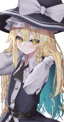Rule 34 | 1girl, absurdres, ascot, belt, belt buckle, black ascot, black belt, black hat, blonde hair, blush, bow, braid, buckle, buttons, closed mouth, collared shirt, hair between eyes, hat, hat bow, highres, kirisame marisa, long hair, long sleeves, shirt, simple background, single braid, solo, star-shaped pupils, star (symbol), symbol-shaped pupils, touhou, tsune (tune), white background, white bow, white shirt, witch hat, yellow eyes