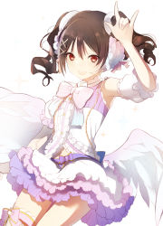 Rule 34 | 10s, 1girl, \m/, bare shoulders, black hair, blush, dress, long hair, looking at viewer, love live!, love live! school idol festival, love live! school idol project, lpip, red eyes, simple background, skirt, smile, solo, twintails, white dress, yazawa nico