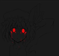 Rule 34 | 1girl, bad id, bad pixiv id, blood, bloody tears, crying, dark, female focus, flandre scarlet, hat, looking at viewer, monochrome, qoom, red eyes, sad, side ponytail, solo, spot color, tears, touhou