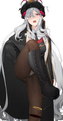 Rule 34 | 1girl, ^^^, absurdres, ass, black coat, black hat, black horns, black necktie, black pantyhose, blue archive, blue eyes, breasts, coat, coat on shoulders, collared shirt, demon horns, foot out of frame, grey hair, hair over one eye, halo, hat, highres, horns, koyo akio, large breasts, long hair, long sleeves, looking at viewer, makoto (blue archive), multiple horns, necktie, open mouth, panties, panties under pantyhose, pantyhose, peaked cap, pointy ears, red halo, shirt, simple background, solo, thighs, underwear, white background, white panties, white shirt
