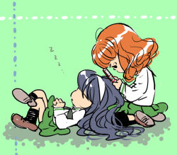 Rule 34 | 10s, 2girls, black hair, black ribbon, blunt bangs, brown footwear, cellphone, charles schulz (style), crossed legs, flip phone, from side, full body, girls und panzer, green background, green shirt, hair ornament, hairband, holding, holding phone, knee up, kneehighs, lap pillow, leg up, lenny-tree, long hair, long sleeves, looking down, lying, multiple girls, neck ribbon, ooarai school uniform, orange hair, own hands clasped, own hands together, parody, peanuts (comic), phone, reizei mako, ribbon, school uniform, seiza, shadow, shirt, shoe soles, shoes, sitting, skirt, sleeping, socks, style parody, takebe saori, thighhighs, tree shade, wavy hair, white hairband, zzz