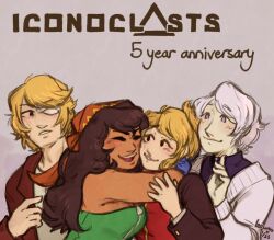 Rule 34 | 2boys, 2girls, anniversary, arms around neck, bandana, black eyes, blonde hair, brother and sister, brown hair, commentary, dark-skinned female, dark skin, elro (the iconoclasts), english commentary, eyepatch, highres, hug, leo (weooo), long hair, mina (the iconoclasts), multiple boys, multiple girls, purple eyes, red bandana, robin (the iconoclasts), royal (the iconoclasts), siblings, solid eyes, strapless, the iconoclasts, white hair