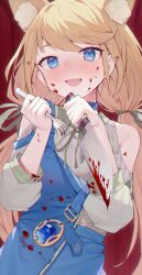 Rule 34 | 1girl, absurdres, animal ear fluff, animal ears, apron, bare shoulders, blonde hair, blood, blood on face, bloody knife, blue apron, blue eyes, blue gemstone, character request, commentary request, copyright request, fork, gem, hands up, highres, holding, holding fork, holding knife, knife, long hair, looking at viewer, open mouth, red background, ribbed sweater, smile, solo, sweater, toki (1243309499), twintails, upper body, virtual youtuber