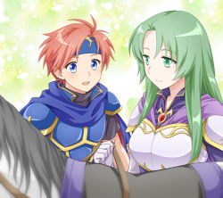 Rule 34 | 1boy, 1girl, :d, armor, blue cape, blue eyes, blue headband, cape, cecilia (fire emblem), elbow gloves, fire emblem, fire emblem: the binding blade, gloves, green eyes, green hair, ham pon, headband, highres, horse, long hair, looking at another, nintendo, open mouth, purple cape, red hair, roy (fire emblem), smile, white gloves