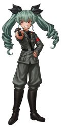 Rule 34 | 10s, 1girl, absurdres, anchovy (girls und panzer), anzio military uniform, belt, black belt, black footwear, black necktie, black ribbon, black shirt, blouse, boots, commentary request, dress shirt, drill hair, full body, girls und panzer, green hair, grey jacket, grey pants, grin, hair ribbon, hand on own hip, highres, holding, holding riding crop, jacket, jodhpurs, knee boots, lain, long hair, long sleeves, looking at viewer, military, military uniform, necktie, pants, pants tucked in, red eyes, ribbon, riding crop, sam browne belt, shirt, simple background, smile, solo, standing, twin drills, twintails, uniform, white background