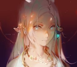 Rule 34 | 1girl, a deer of nine colors, animal ears, arknights, artist name, blue eyes, closed mouth, earrings, forehead, gradient background, highres, jewelry, long hair, looking at viewer, necklace, nine-colored deer, portrait, red background, silver hair, smile, solo, yingzi