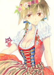 Rule 34 | 1girl, agahari, alternate costume, animal ears, blush, breasts, brown eyes, brown hair, cleavage, colored pencil (medium), dirndl, dress, fangs, flower, flower wreath, frills, german clothes, gertrud barkhorn, graphite (medium), hair ribbon, head wreath, long hair, miyafuji yoshika, painting (medium), puffy sleeves, ribbon, silhouette demon, solo, strike witches, tail, traditional media, twintails, world witches series