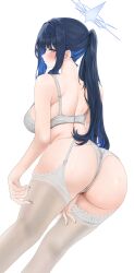 Rule 34 | 1girl, absurdres, alternate hairstyle, ass, black hair, blue archive, blue eyes, blue hair, blue halo, blush, bra, breasts, colored inner hair, fte (fifteen 199), grey bra, grey panties, grey thighhighs, halo, highres, large breasts, long hair, looking at viewer, multicolored hair, open mouth, panties, ponytail, saori (blue archive), simple background, solo, thighhighs, underwear, underwear only, white background