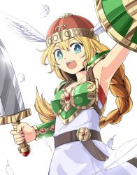 Rule 34 | 1girl, aqua eyes, armor, armored dress, belt, blonde hair, braid, breastplate, feathers, green armor, helmet, looking at viewer, maguro (mawaru sushi), open mouth, pauldrons, shield, shoulder armor, simple background, single braid, solo, sword, valkyrie (vnd), valkyrie no densetsu, weapon, white background, winged helmet
