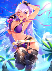 Rule 34 | 10s, 1girl, arm up, armpits, ayamori mimi, bare shoulders, bb (fate), bb (fate) (all), bb (swimsuit mooncancer) (fate), bb (swimsuit mooncancer) (second ascension) (fate), bead bracelet, beads, belt, bikini, black footwear, black garter belt, black gloves, blue sky, blush, boots, bracelet, breasts, cleavage, collarbone, day, fate/extra, fate/extra ccc, fate/grand order, fate (series), fingerless gloves, garter belt, gloves, hair ornament, hand gesture, highres, hip focus, jewelry, large breasts, long hair, looking at viewer, micro shorts, nail polish, navel, open mouth, palm tree, purple bikini, purple eyes, purple hair, purple ribbon, ribbon, shorts, sky, smile, solo, sparkle, star (symbol), star hair ornament, swimsuit, tan, thigh boots, thighhighs, thighs, tree, v over eye, w