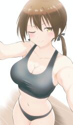 Rule 34 | 1girl, ;), armpits, black bow, black bra, black panties, blush, bow, bra, breasts, brown hair, cleavage, collarbone, commentary request, dutch angle, gabrieltenma77, gertrud barkhorn, hair between eyes, hair bow, highres, low twintails, medium breasts, navel, one eye closed, panties, short hair, smile, solo, sports bra, strike witches, thighs, twintails, underwear, underwear only, wooden floor, world witches series
