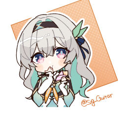 Rule 34 | 1girl, aqua hair, aqua ribbon, black hairband, black jacket, blue eyes, blue pupils, blue ribbon, blush, chibi, chibi only, colored inner hair, covering own mouth, cropped jacket, double-parted bangs, dress, firefly (honkai: star rail), grey hair, hair between eyes, hair intakes, hair ornament, hair ribbon, hairband, honkai: star rail, honkai (series), jacket, long hair, long sleeves, looking at viewer, multicolored hair, neckerchief, orange neckerchief, pink eyes, ribbon, shigure (sigre), simple background, solo, twitter username, two-tone eyes, two-tone hair, upper body, white background