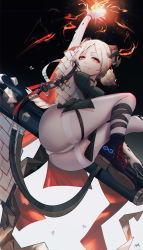Rule 34 | 1girl, absurdres, alternate breast size, arknights, arm up, ass, bad id, bad pixiv id, black background, black footwear, black ribbon, boots, breasts, commentary request, grey background, highres, horns, ifrit (arknights), leg ribbon, looking at viewer, material growth, medium breasts, omone hokoma agm, originium arts (arknights), oripathy lesion (arknights), panties, panties under pantyhose, pantyhose, red eyes, rhine lab logo, ribbon, see-through, see-through legwear, short hair, signature, silver hair, smile, solo, thighband pantyhose, thighs, two-tone background, underwear