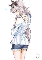 Rule 34 | 1girl, absurdres, animal ears, back, blush, braid, brown eyes, casual, cat ears, commentary request, erune, granblue fantasy, hair tubes, hairband, heles, highres, long hair, open mouth, shitamichi, short shorts, shorts, silver hair, single braid, solo, standing, very long hair