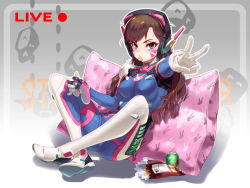 Rule 34 | 1girl, animal print, bodysuit, breasts, brown eyes, brown hair, can, chips (food), commentary, controller, covered erect nipples, d.va (overwatch), dualshock, facial mark, food, game controller, gamepad, gloves, headphones, long hair, looking at viewer, medium breasts, mouth hold, overwatch, overwatch 1, pillow, playstation controller, print pillow, rabbit print, sitting, solo, v, white gloves, winddale