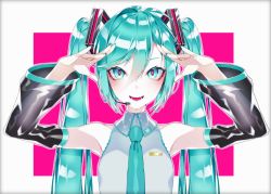 Rule 34 | 1055, 1girl, absurdres, black sleeves, blue eyes, blue hair, blue nails, blue necktie, commentary, detached sleeves, grey shirt, hair between eyes, hands up, hatsune miku, headphones, headset, highres, long hair, microphone, nail polish, necktie, open mouth, pink pupils, see-through, see-through sleeves, shirt, smile, solo, twintails, two-tone background, upper body, vocaloid