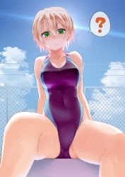 Rule 34 | 1girl, ?, blonde hair, blue sky, breasts, chain-link fence, cloud, collarbone, commentary request, covered navel, day, fence, green eyes, highres, looking at viewer, medium breasts, one-piece swimsuit, original, outdoors, purple one-piece swimsuit, shiro maru, sitting, sky, solo, spoken question mark, swimsuit, wet, wet clothes, wet swimsuit