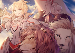 Rule 34 | 2girls, absurdres, armor, blonde hair, cloud, commentary request, dual persona, fate/apocrypha, fate (series), full armor, green eyes, highres, holding, holding sword, holding weapon, lion, looking at viewer, looking back, mordred (fate), mordred (fate/apocrypha), multiple girls, sky, smile, sword, weapon, yellow eyes, yorukun