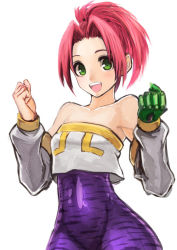Rule 34 | 1girl, :d, animal print, bare shoulders, breasts, clenched hands, covered navel, cowboy shot, crop top, crop top overhang, detached sleeves, gauntlets, gem, green eyes, hands up, happy, high ponytail, hip focus, legaia densetsu, leotard, looking at viewer, noa (legaia densetsu), nyantiu, open mouth, pink hair, ponytail, short hair, short ponytail, simple background, single gauntlet, small breasts, smile, solo, strapless, teeth, termah (legaia densetsu), terra (legaia densetsu), tiger print, tube top, unitard, white background