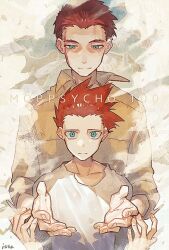 Rule 34 | 2boys, artist name, blood, blood on face, blue eyes, brown jacket, closed mouth, collarbone, copyright name, father and son, hands up, isasasa001, jacket, looking at viewer, male focus, mob psycho 100, multiple boys, open hands, red hair, shirt, short hair, suzuki shou, suzuki touichirou, upper body, white shirt