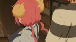 Rule 34 | 1boy, 1girl, aida taketo, animated, animated gif, apron, blue apron, blush, breasts, brown hair, cleavage, clothes pull, collarbone, dragon girl, dragon horns, drill hair, gradient hair, horns, huge breasts, ilulu (maidragon), kobayashi-san chi no maidragon, long hair, looking at another, multicolored hair, no bra, pink eyes, pink hair, presenting, shirt, shirt pull, shortstack, smile, striped clothes, striped shirt, surprised, twin drills, twintails
