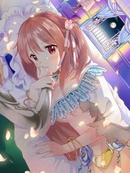 Rule 34 | balcony, bed, blush, bracelet, breasts, feathers, finger kiss, flower, hair flower, hair ornament, holding another&#039;s arm, jewelry, lamp, light smile, lying, moon, necklace, petals, pillow, red hair, sakura trick, solo focus, sonoda yuu, tachi (gutsutoma), takayama haruka