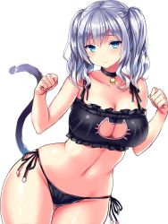 Rule 34 | 10s, 1girl, bare shoulders, bell, blue eyes, blush, bra, breasts, cat cutout, cat ear panties, cat lingerie, cat tail, cleavage, cleavage cutout, clothing cutout, curvy, highres, jingle bell, kantai collection, kashima (kancolle), large breasts, long hair, looking at viewer, meme attire, navel, panties, side-tie panties, silver hair, simple background, smile, solo, tail, thick thighs, thighs, tsukumiya amane, twintails, underwear, white background, wide hips