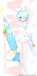 Rule 34 | 1girl, adjusting bow, apple caramel, armpits, arms up, arona (blue archive), back bow, beach umbrella, bikini, blue archive, blue eyes, blue hair, bow, choker, closed umbrella, colored inner hair, english text, full body, hair bow, hair over one eye, highres, looking at viewer, multicolored hair, pink hair, platform footwear, sailor collar, solo, sparkle, swimsuit, thigh strap, umbrella, white bikini, white bow, white choker, white footwear, white sailor collar