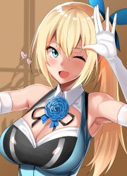 Rule 34 | 1girl, ;d, amano don, armpits, bad id, bad twitter id, bare shoulders, blonde hair, blue eyes, blue flower, blue rose, blush, breasts, center opening, cleavage, elbow gloves, flower, gloves, half-closed eyes, heart, highres, large breasts, long hair, looking at viewer, mirai akari, mirai akari project, one eye closed, open mouth, rose, side ponytail, smile, solo, upper body, virtual youtuber, white gloves
