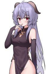Rule 34 | absurdres, ahoge, alternate costume, bare shoulders, black dress, black gloves, blue hair, blush, breasts, bridal gauntlets, cowboy shot, curled horns, dress, elbow gloves, finger to mouth, ganyu (genshin impact), genshin impact, gloves, highres, horns, long hair, looking at viewer, medium breasts, nagisa (cxcx5235), purple eyes, sidelocks, solo, standing, thighs, white background