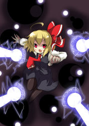 Rule 34 | 1girl, ahoge, black pantyhose, blonde hair, bow, cross, earlgrey, female focus, hair bow, long sleeves, magic circle, necktie, open mouth, pantyhose, red eyes, red necktie, rumia, short hair, solo, touhou