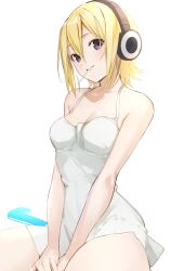 Rule 34 | 1girl, absurdres, bare arms, bare shoulders, black eyes, blonde hair, breasts, camisole, character request, cleavage, commentary request, copyright request, dress, grin, hair between eyes, headphones, highres, looking at viewer, parted lips, shiromonefu, short dress, short hair, simple background, sleeveless, sleeveless dress, small breasts, smile, solo, spaghetti strap, white background, white dress