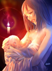 Rule 34 | 1girl, age difference, baby, baby carry, bare shoulders, breast sucking, breastfeeding, breasts, candle, carrying, dark, half-closed eyes, hand on another&#039;s head, konchiki, long hair, mother and baby, original, signature, smile, topless