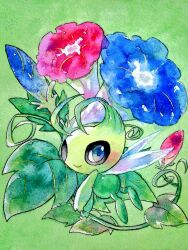 blue_eyes blue_flower blush celebi creatures_(company) floating flower from_side game_freak gen_2_pokemon green_background legendary_pokemon looking_at_viewer morning_glory mythical_pokemon nintendo no_humans non_(kumakawayusu) painting_(medium) pink_flower pokemon pokemon_(creature) smile solo traditional_media watercolor_(medium)