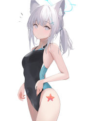Rule 34 | 1girl, absurdres, animal ear fluff, animal ears, armpits, bare arms, bare shoulders, black one-piece swimsuit, blue archive, blue eyes, breasts, closed mouth, competition swimsuit, covered navel, cowboy shot, expressionless, fox ears, grey hair, hair ornament, halo, highleg, highleg swimsuit, highres, long hair, looking at viewer, notice lines, official alternate costume, one-piece swimsuit, ponytail, shiroko (blue archive), shiroko (swimsuit) (blue archive), simple background, small breasts, solo, standing, starfish, swimsuit, thighs, white background, xochi (nueeen6978)