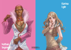 Rule 34 | 10s, 1boy, 1girl, bad id, bad pixiv id, blonde hair, blush, brown eyes, cocoon (yuming4976), dark skin, detached sleeves, dress, earrings, fingernails, hand to own mouth, jewelry, karina lyle, lips, long hair, nathan seymour, necklace, pink eyes, pink hair, raised eyebrow, short hair, tiger &amp; bunny, towel, vest
