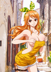 Rule 34 | 1girl, bare shoulders, bracelet, breasts, earrings, hair ribbon, highres, jewelry, large breasts, lips, long hair, looking at viewer, naked overalls, nami (one piece), one piece, orange eyes, orange hair, overalls, ribbon, rider (orange couture), sideboob, smile, solo, tattoo, wavy hair