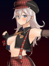 Rule 34 | 1girl, absurdres, alisa ilinichina amiella, armpits, bare shoulders, black gloves, black vest, blue eyes, blush, bracelet, breasts, cabbie hat, cleavage, closed mouth, commentary request, crop top, crop top overhang, cropped vest, elbow gloves, emblem, fingerless gloves, fleur-de-lis, gloves, god eater, gradient background, hair between eyes, hand up, hat, high-waist skirt, highres, jewelry, large breasts, long hair, midriff, navel, nezuko, no bra, open clothes, open vest, outstretched arm, plaid, plaid headwear, plaid skirt, red background, red hat, red skirt, silver hair, skirt, sleeveless, solo, stomach, suspender skirt, suspenders, suspenders slip, upper body, vest, wing collar