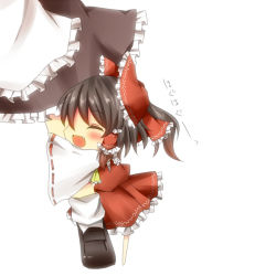 Rule 34 | 2girls, ^ ^, bad id, bad pixiv id, blush, bow, brown hair, chibi, closed eyes, fang, female focus, frills, hair bow, hakurei reimu, happy, hug, hugging another&#039;s leg, kirisame marisa, loafers, mini person, minigirl, multiple girls, nontraditional miko, pasutel, petticoat, red bow, shoes, simple background, solo focus, touhou, translation request, white background, white legwear, wide sleeves