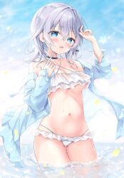 Rule 34 | 1girl, :d, amedamacon, arm up, bikini, black choker, blue eyes, blue sky, blush, braid, braided bangs, breasts, choker, cloud, commentary request, day, frilled bikini, frills, grey hair, hair between eyes, hand up, highres, jacket, looking at viewer, medium breasts, medium hair, navel, off shoulder, open clothes, open jacket, open mouth, original, partially submerged, sky, smile, solo, swimsuit, thighs, underboob