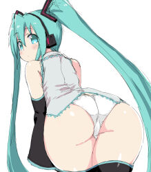 Rule 34 | 1girl, aqua eyes, aqua hair, ass, ass focus, black thighhighs, commentary request, detached sleeves, from behind, hatsune miku, headset, highres, looking back, naitou kouse, no pants, panties, sketch, solo, thighhighs, twintails, underwear, vocaloid, white panties