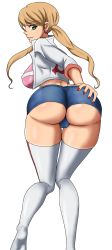 Rule 34 | 1girl, ass, ass grab, belt, blonde hair, blush, breasts, closed mouth, earrings, from behind, full body, gluteal fold, green eyes, gundam, gundam tekketsu no orphans, heart, heart earrings, highres, huge ass, jacket, jewelry, lafter frankland, large breasts, leaning, leaning forward, long hair, looking at viewer, low twintails, nail polish, otohukebonne, shiny skin, short shorts, shorts, sideboob, simple background, smile, solo, striped clothes, striped thighhighs, thighhighs, twintails, very long hair, white background, white thighhighs, wide hips