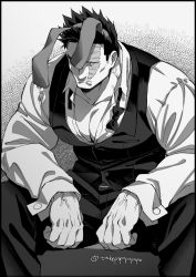 Rule 34 | 1boy, animal ears, bara, beard, black vest, boku no hero academia, bow, bowtie, endeavor (boku no hero academia), facial hair, fake animal ears, feet out of frame, greyscale, highres, large pectorals, male focus, mature male, monochrome, muscular, muscular male, pants, partially unbuttoned, pectoral cleavage, pectorals, popo take, rabbit ears, scar, scar across eye, scar on face, short hair, sideburns, sideburns stubble, solo, spiked hair, spread legs, stubble, veins, vest