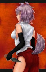 Rule 34 | 1girl, alternate weapon, animal ears, ass, bare shoulders, breasts, bridal gauntlets, female focus, highres, inubashiri momiji, kunai, large breasts, profile, short hair, silver hair, solo, tail, tail through clothes, takaman (gaffe), touhou, weapon, wolf ears, wolf tail